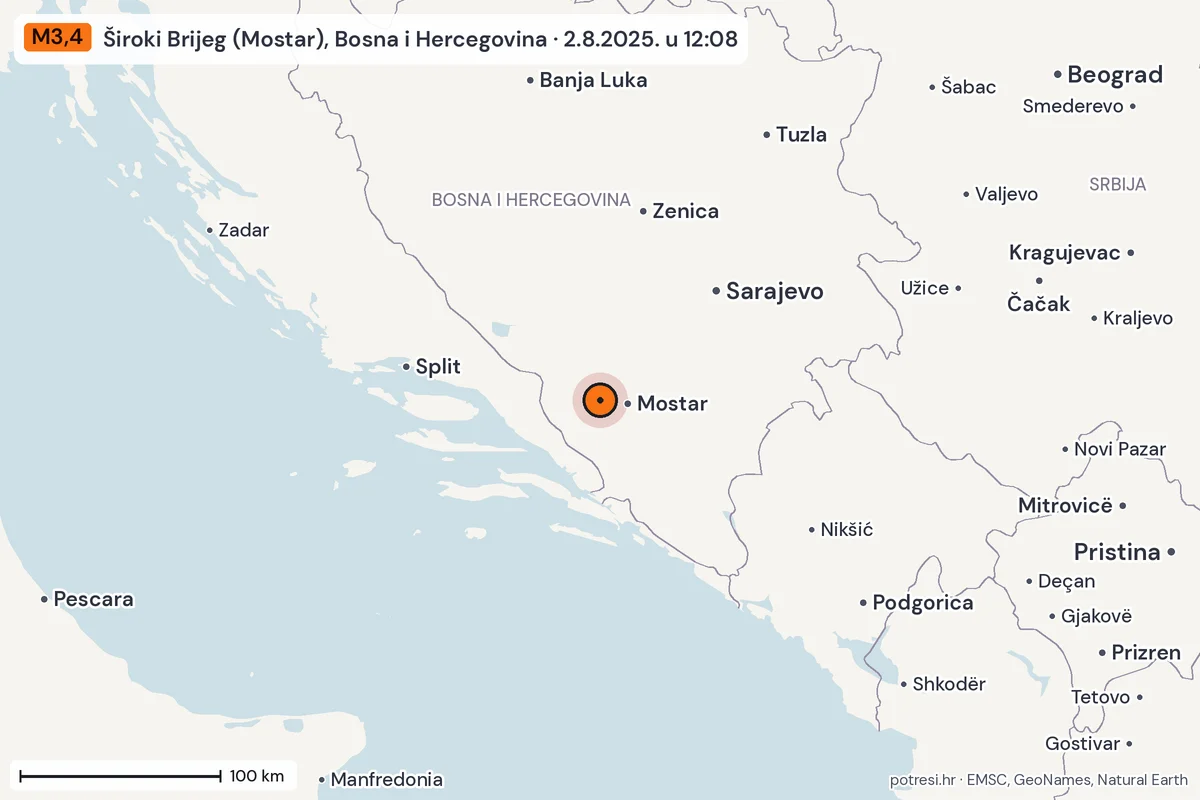 Karta: šire područje, 600 km, potres M3,4, Široki Brijeg (Mostar), Bosna i Hercegovina, 2.8.2025.