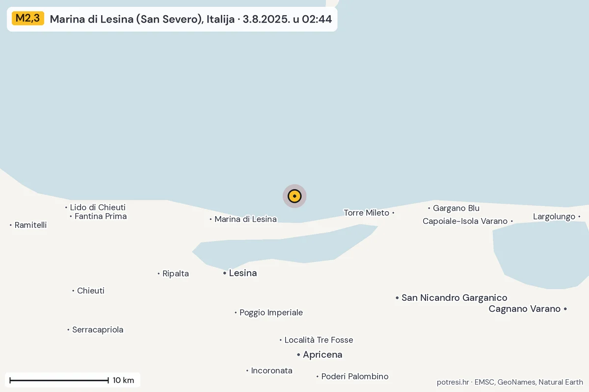 Karta: okolica epicentra, 60 km, potres M2,3, Marina di Lesina (San Severo), Italija, 3.8.2025.