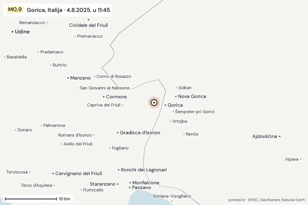 Karta: okolica epicentra, 60 km, potres M0,9, Gorica, Italija, 4.8.2025.