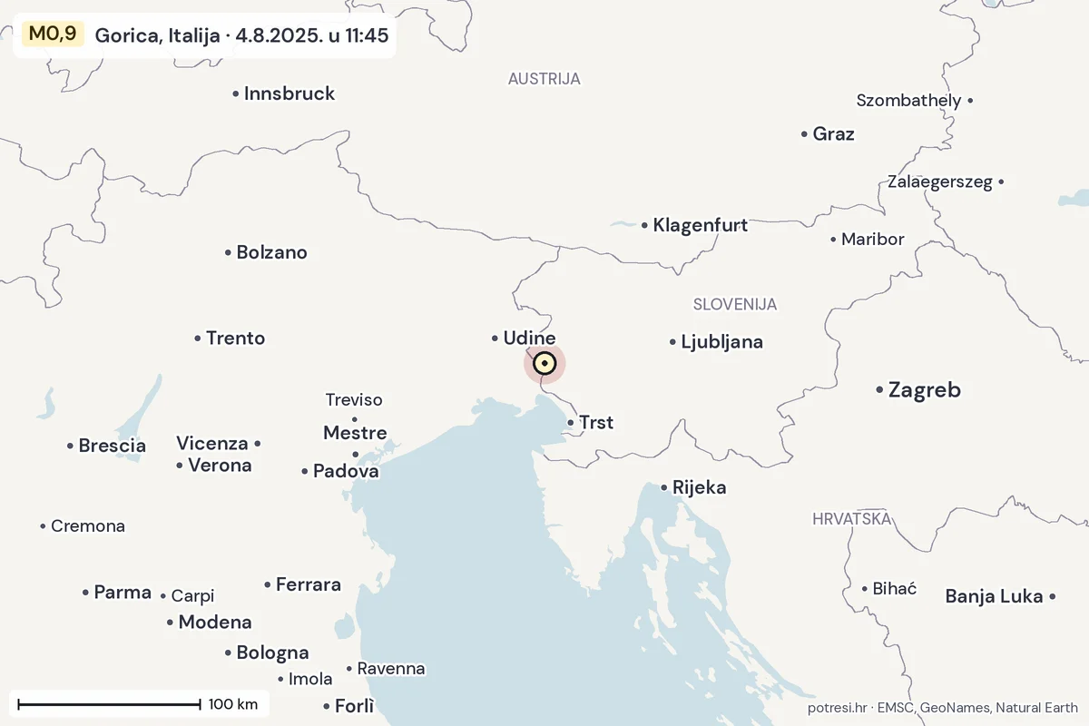 Karta: šire područje, 600 km, potres M0,9, Gorica, Italija, 4.8.2025.