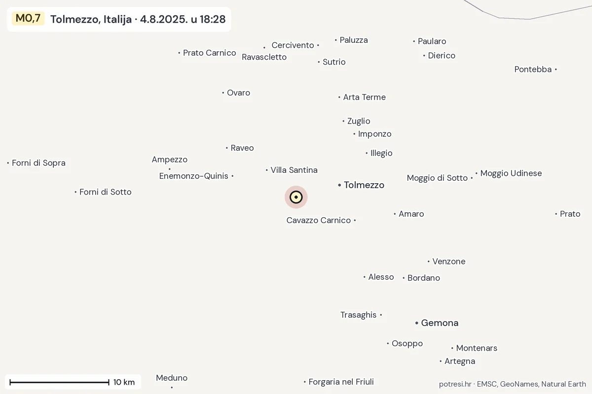 Karta: okolica epicentra, 60 km, potres M0,7, Tolmezzo, Italija, 4.8.2025.