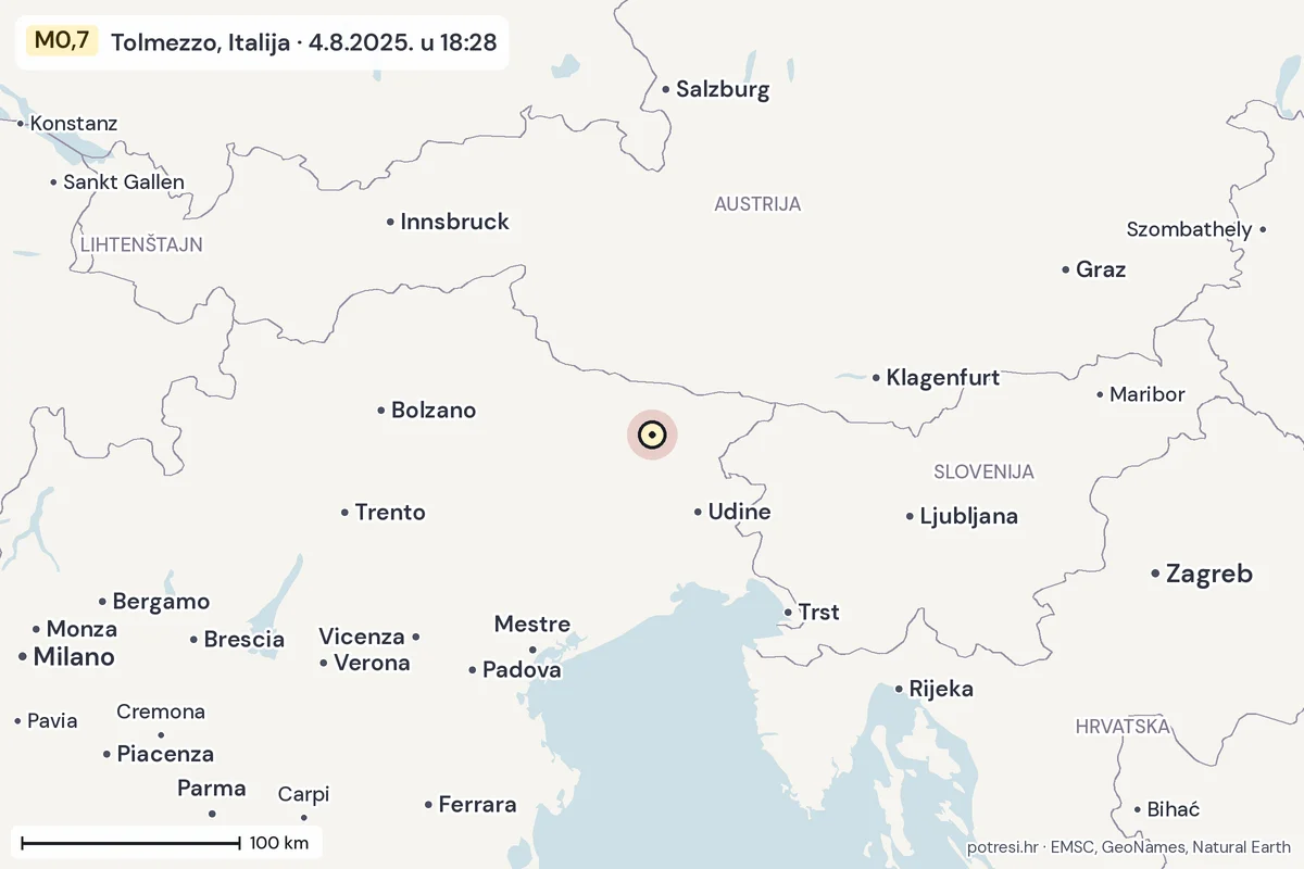 Karta: šire područje, 600 km, potres M0,7, Tolmezzo, Italija, 4.8.2025.