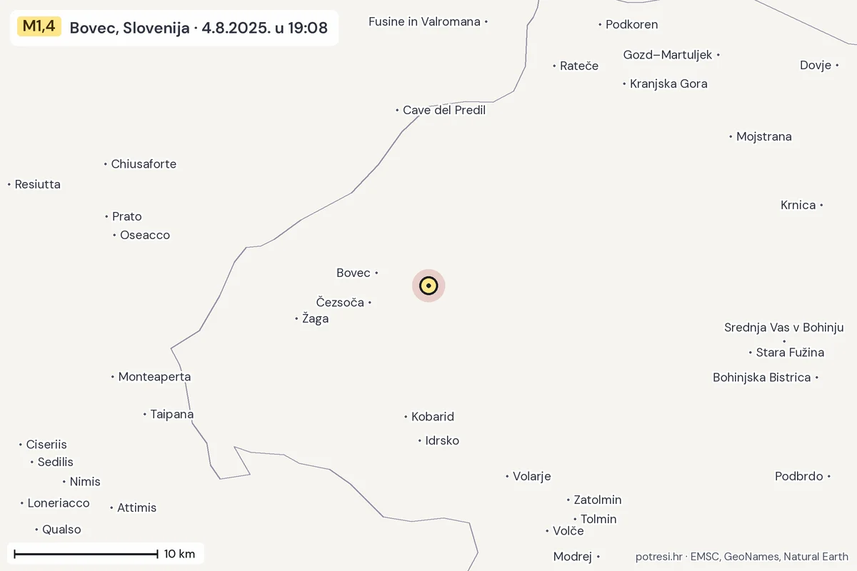 Karta: okolica epicentra, 60 km, potres M1,4, Bovec, Slovenija, 4.8.2025.