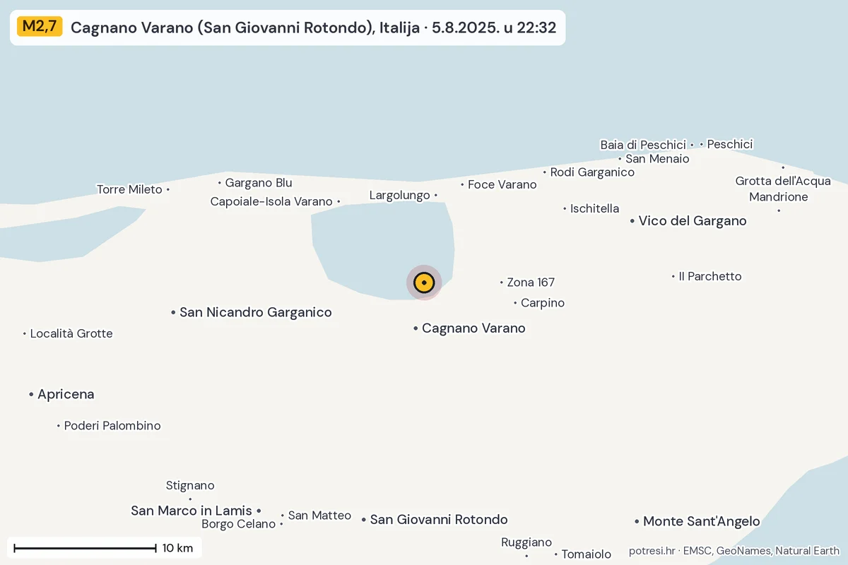 Karta: okolica epicentra, 60 km, potres M2,7, Cagnano Varano (San Giovanni Rotondo), Italija, 5.8.2025.