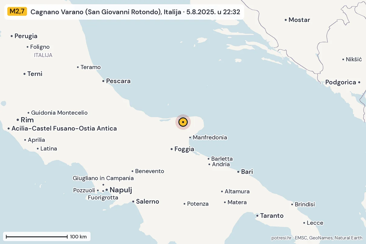 Karta: šire područje, 600 km, potres M2,7, Cagnano Varano (San Giovanni Rotondo), Italija, 5.8.2025.