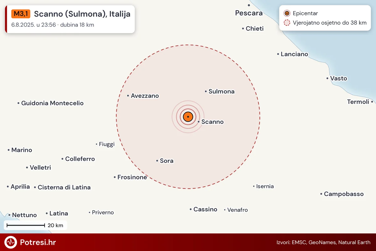 Karta: šire područje i vjerojatni doseg osjeta, potres M3,1, Scanno (Sulmona), Italija, 6.8.2025.