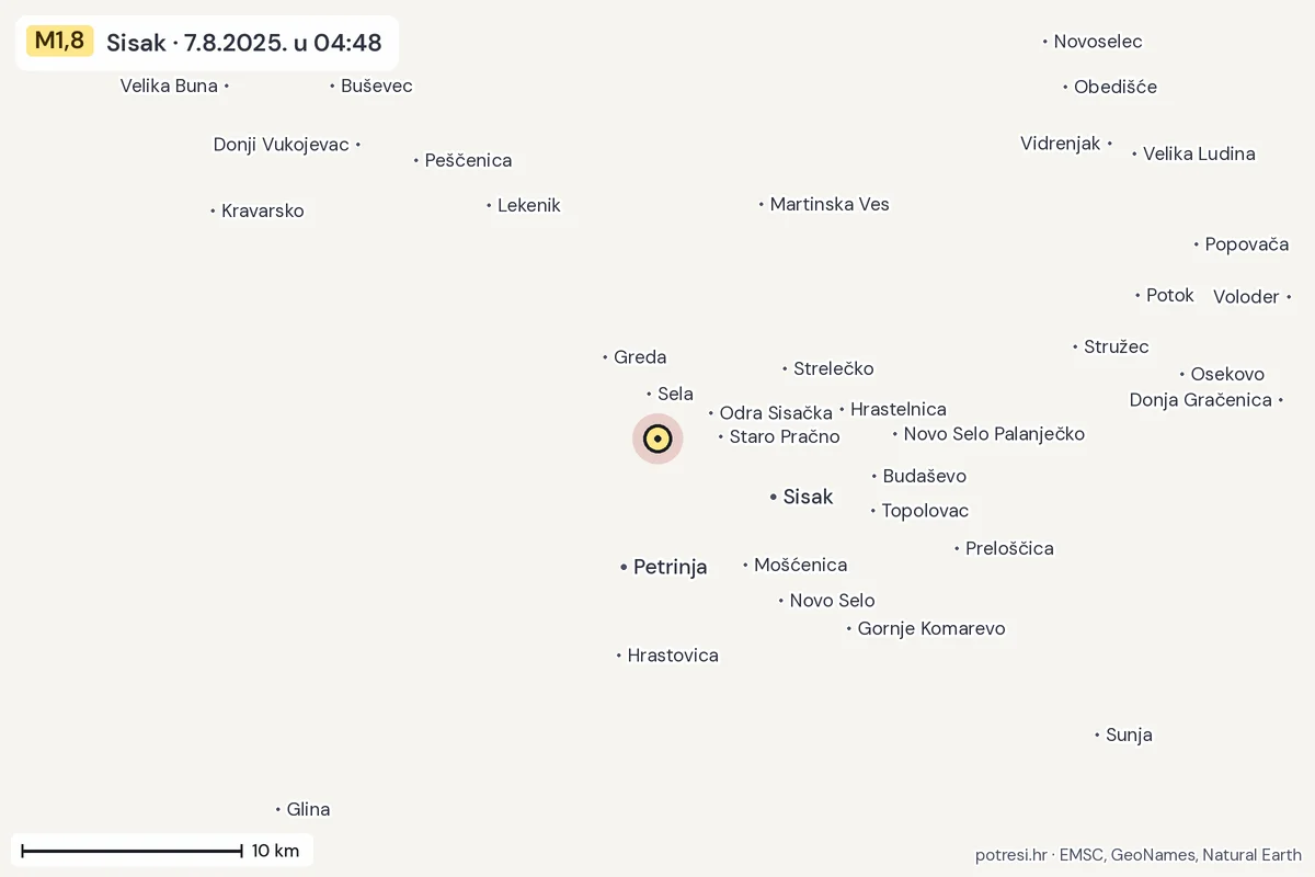 Karta: okolica epicentra, 60 km, potres M1,8, Sisak, 7.8.2025.