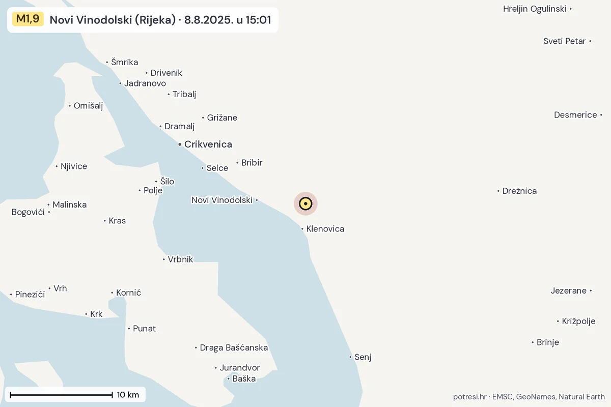 Karta: okolica epicentra, 60 km, potres M1,9, Novi Vinodolski (Rijeka), 8.8.2025.