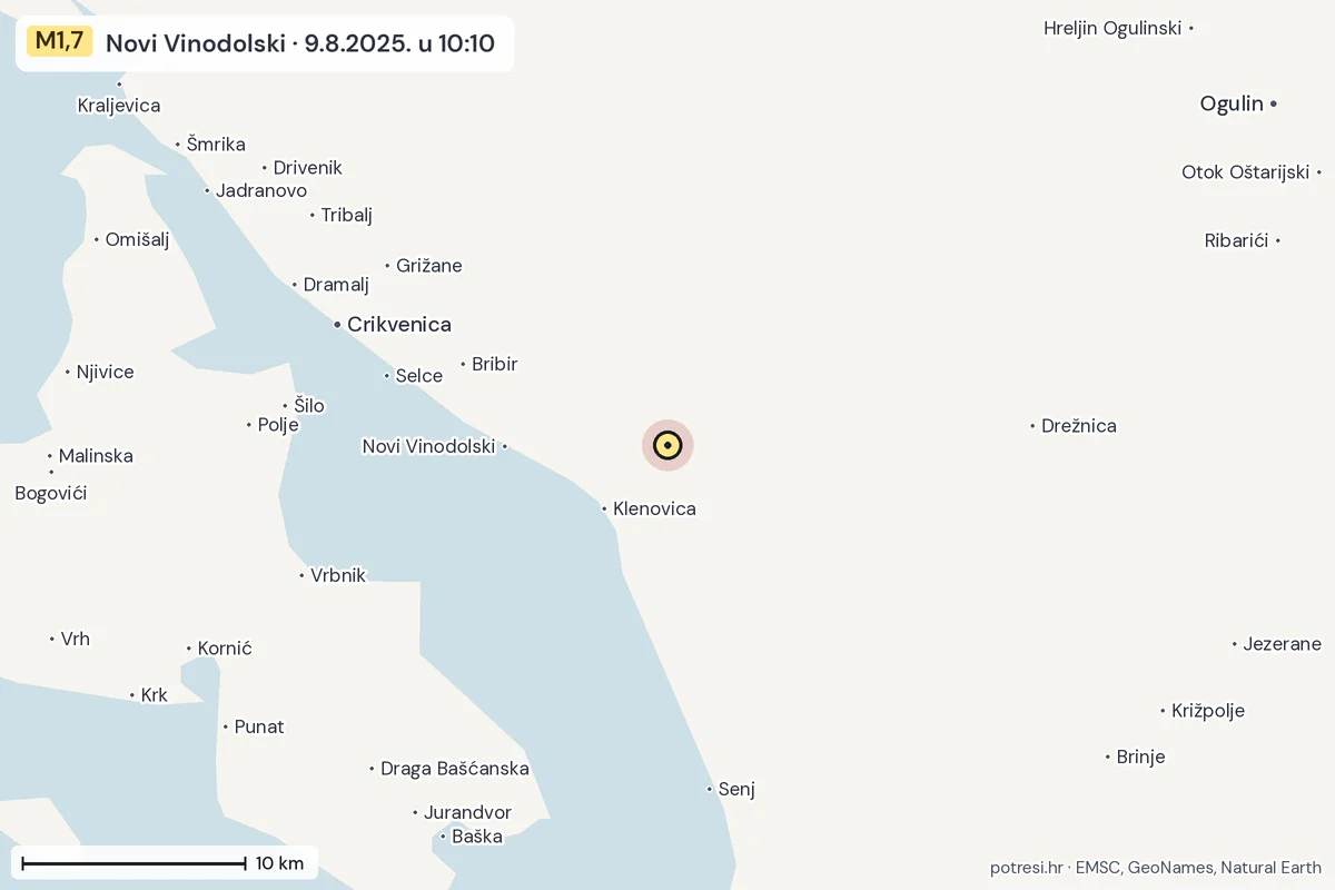 Karta: okolica epicentra, 60 km, potres M1,7, Novi Vinodolski, 9.8.2025.