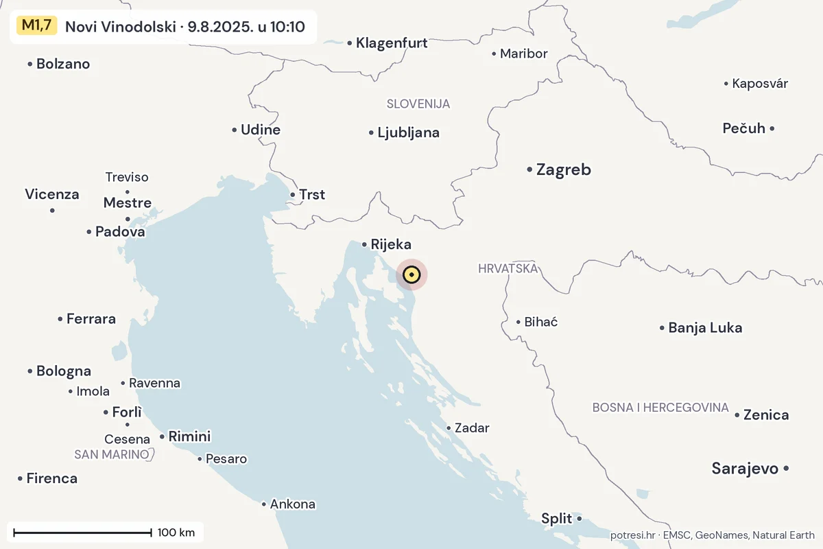 Karta: šire područje, 600 km, potres M1,7, Novi Vinodolski, 9.8.2025.