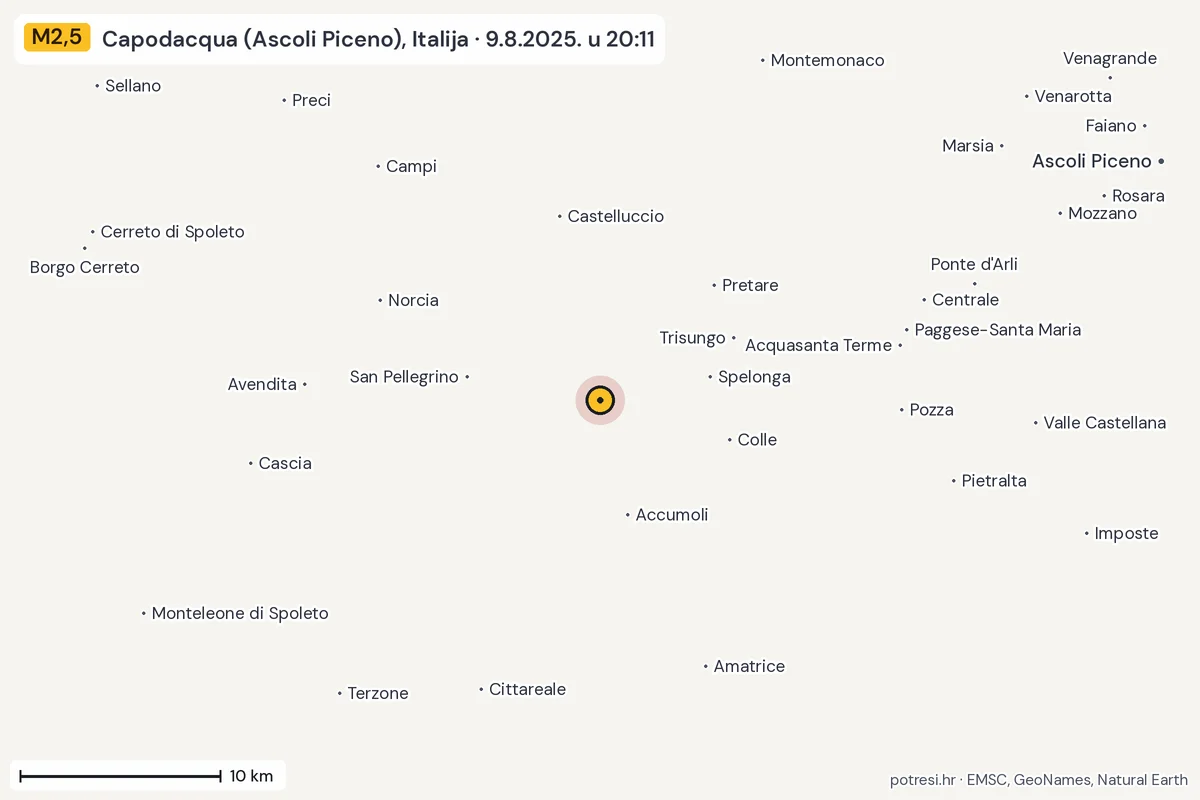 Karta: okolica epicentra, 60 km, potres M2,5, Capodacqua (Ascoli Piceno), Italija, 9.8.2025.