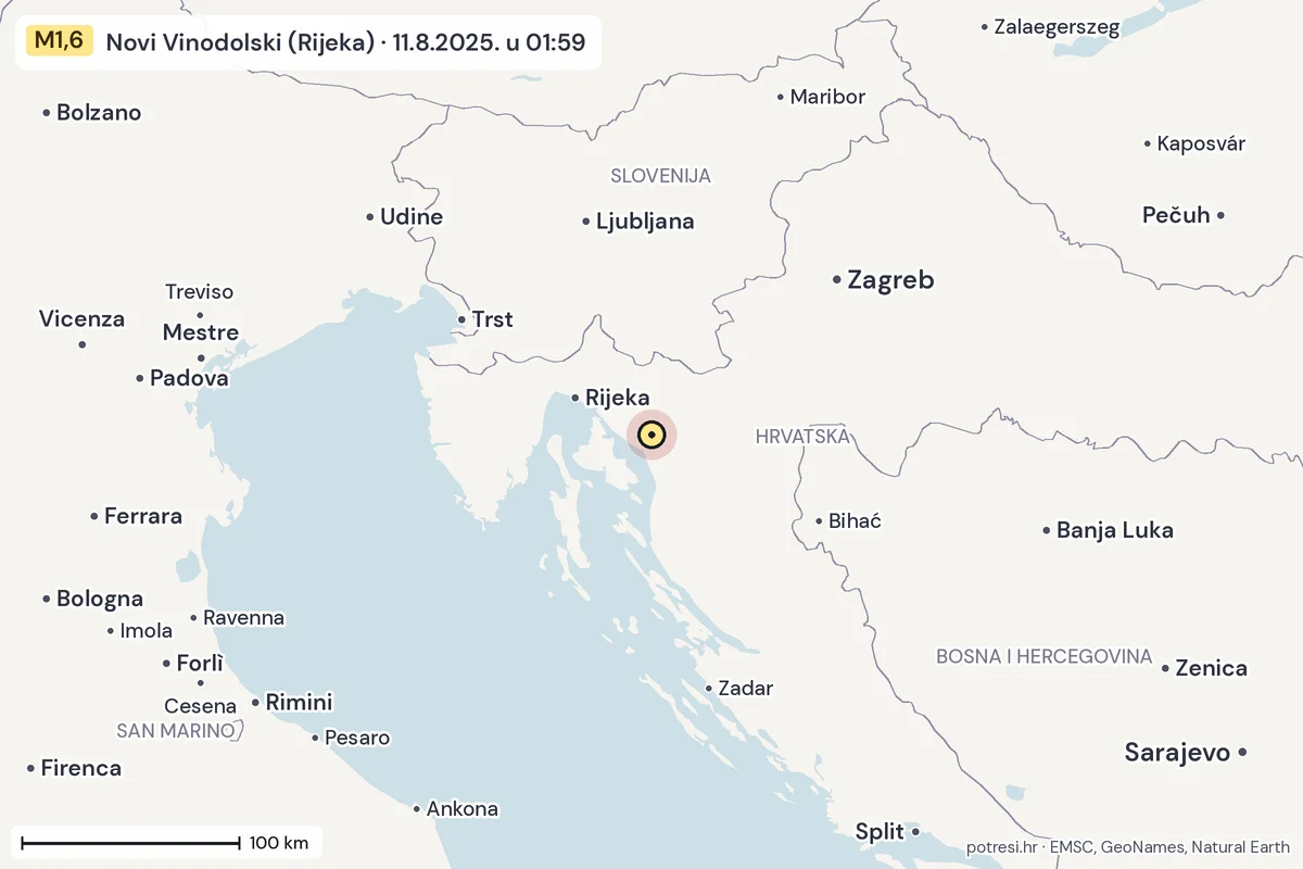Karta: šire područje, 600 km, potres M1,6, Novi Vinodolski (Rijeka), 11.8.2025.