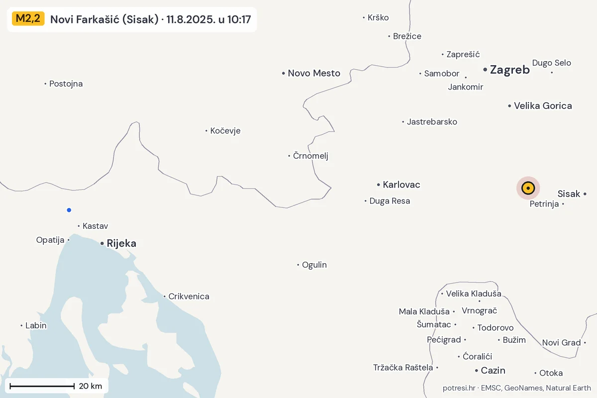 Karta: izvješća građana, potres M2,2, Novi Farkašić (Sisak), 11.8.2025.