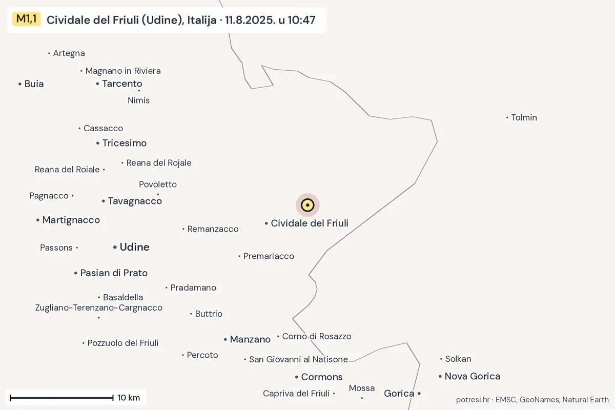 Karta: okolica epicentra, 60 km, potres M1,1, Cividale del Friuli (Udine), Italija, 11.8.2025.