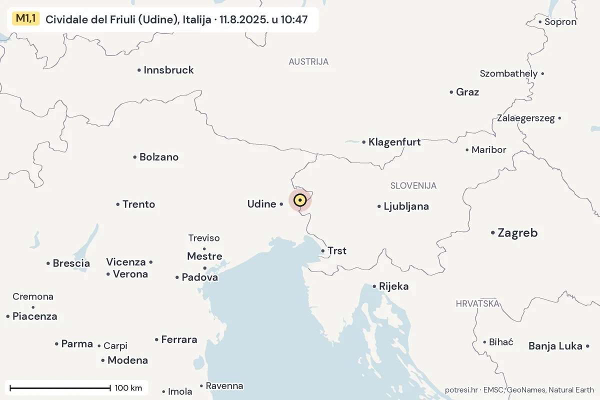 Karta: šire područje, 600 km, potres M1,1, Cividale del Friuli (Udine), Italija, 11.8.2025.
