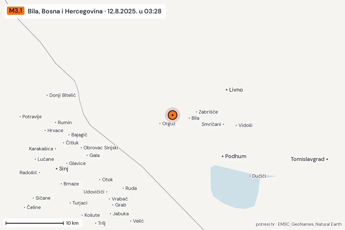 Karta: okolica epicentra, 60 km, potres M3,1, Bila, Bosna i Hercegovina, 12.8.2025.
