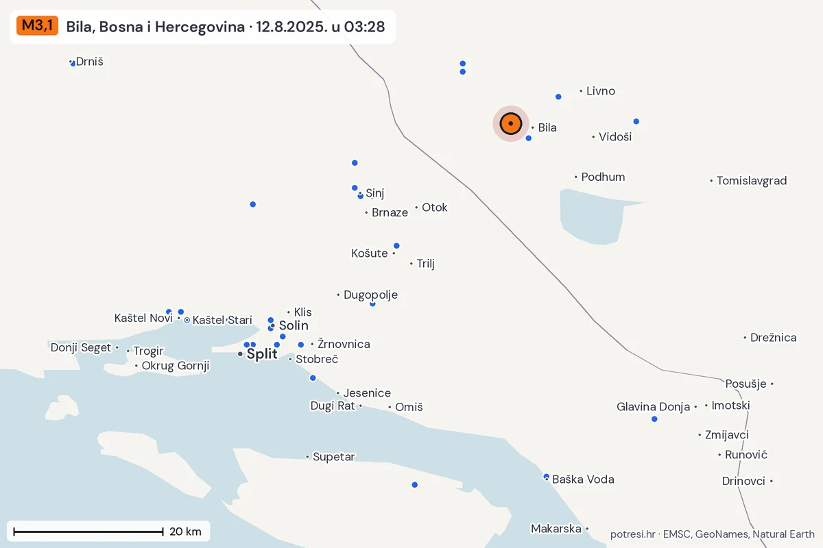Karta: izvješća građana, potres M3,1, Bila, Bosna i Hercegovina, 12.8.2025.