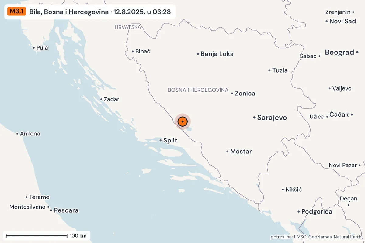 Karta: šire područje, 600 km, potres M3,1, Bila, Bosna i Hercegovina, 12.8.2025.