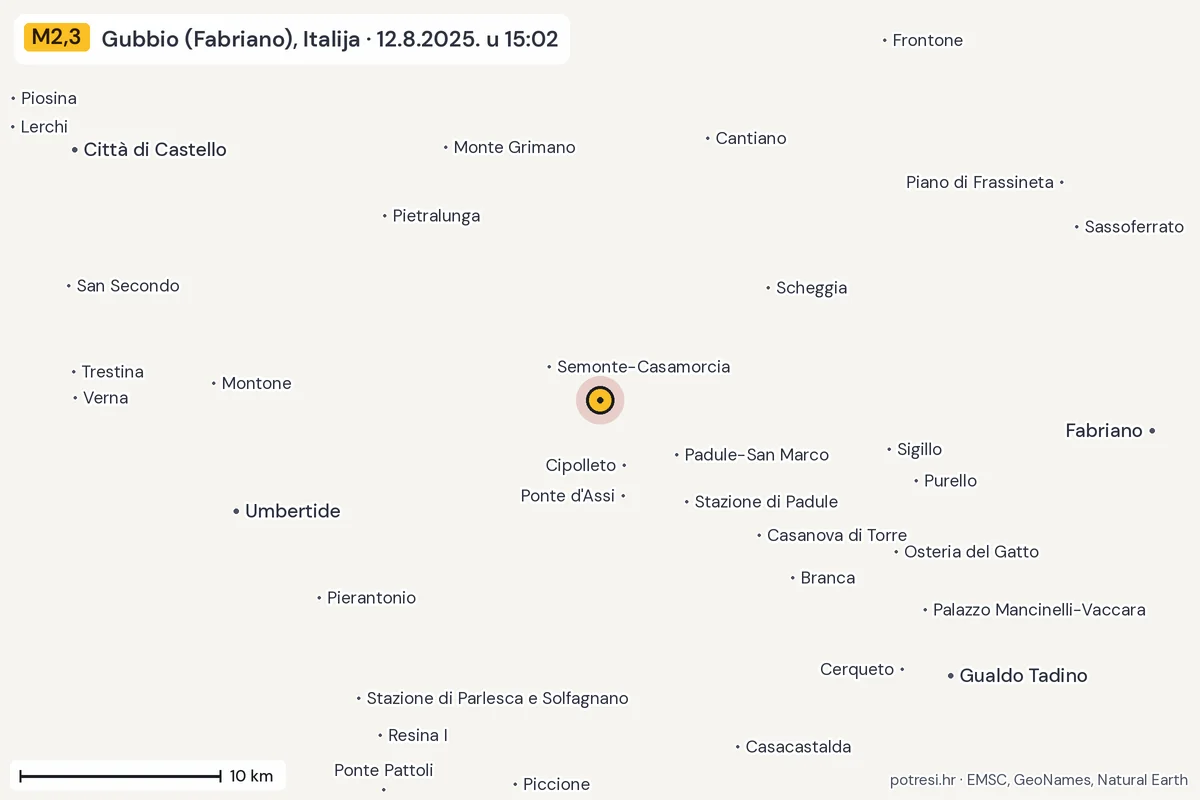 Karta: okolica epicentra, 60 km, potres M2,3, Gubbio (Fabriano), Italija, 12.8.2025.