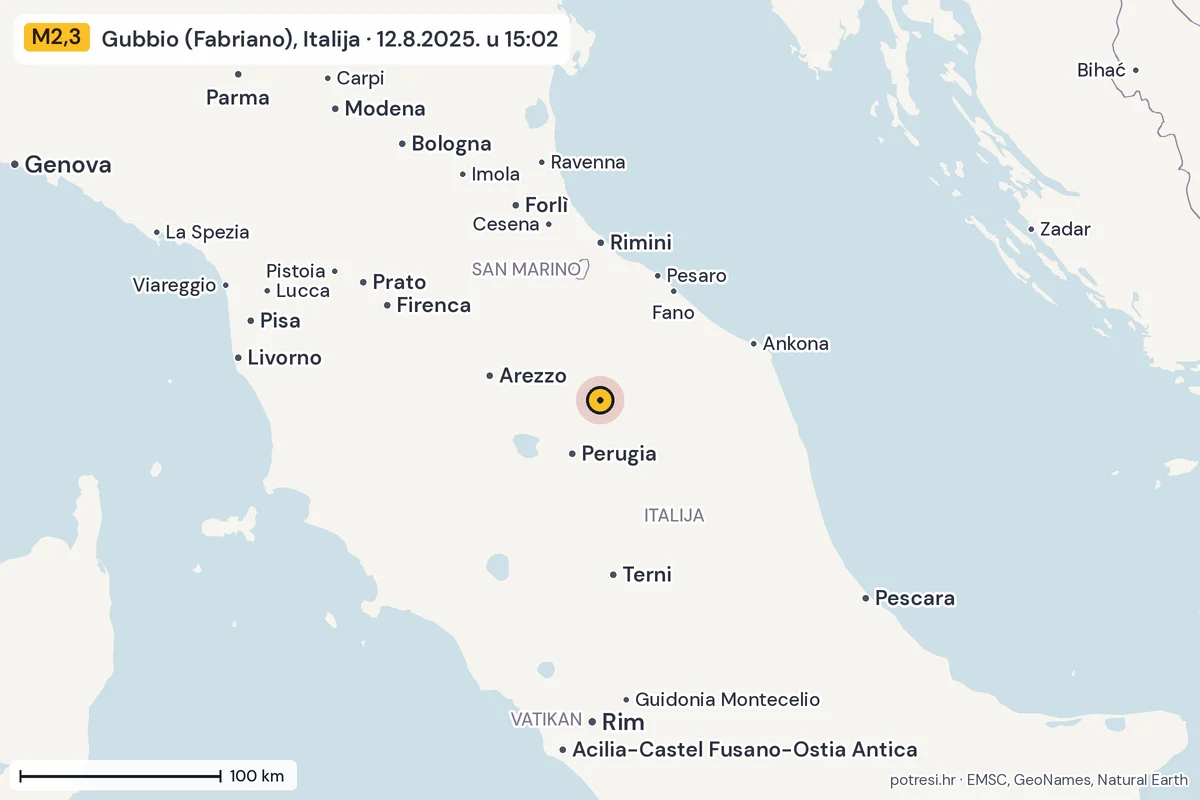 Karta: šire područje, 600 km, potres M2,3, Gubbio (Fabriano), Italija, 12.8.2025.