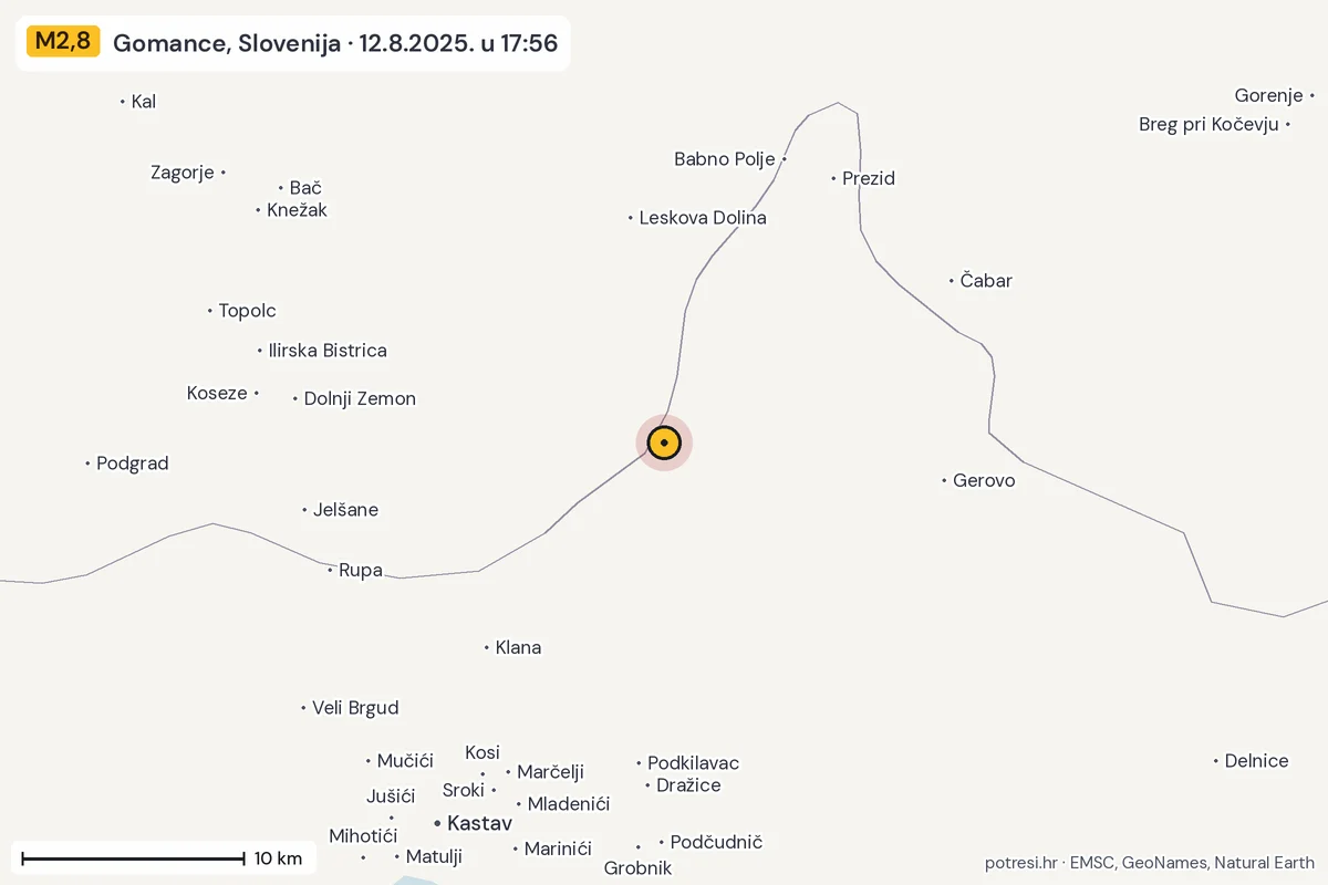 Karta: okolica epicentra, 60 km, potres M2,8, Gomance, Slovenija, 12.8.2025.