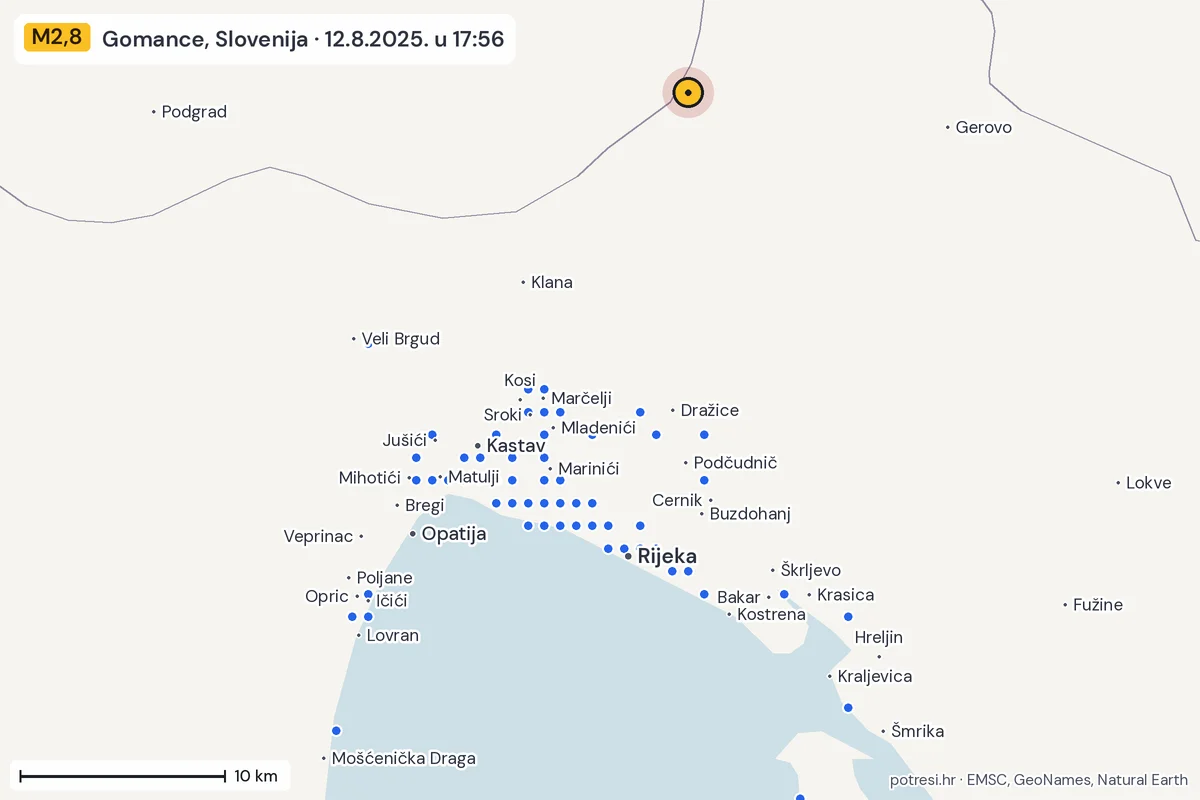 Karta: izvješća građana, potres M2,8, Gomance, Slovenija, 12.8.2025.