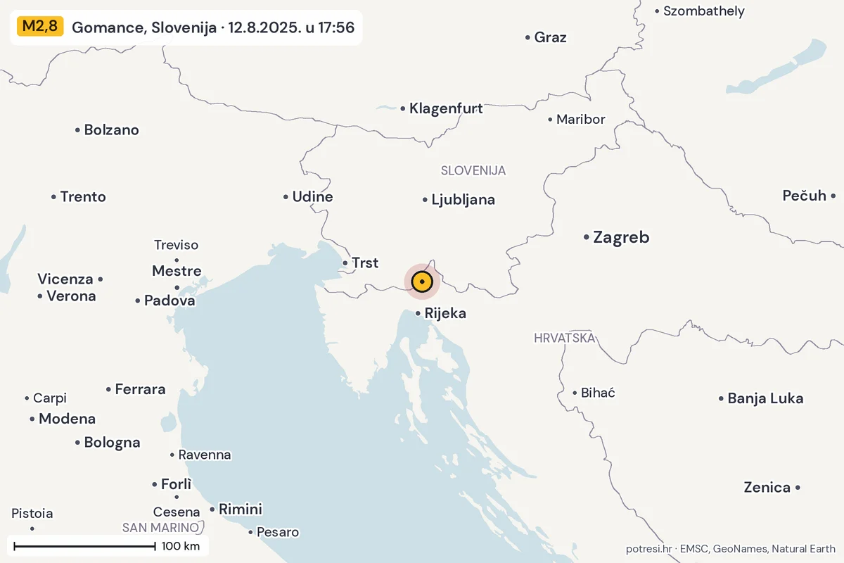 Karta: šire područje, 600 km, potres M2,8, Gomance, Slovenija, 12.8.2025.