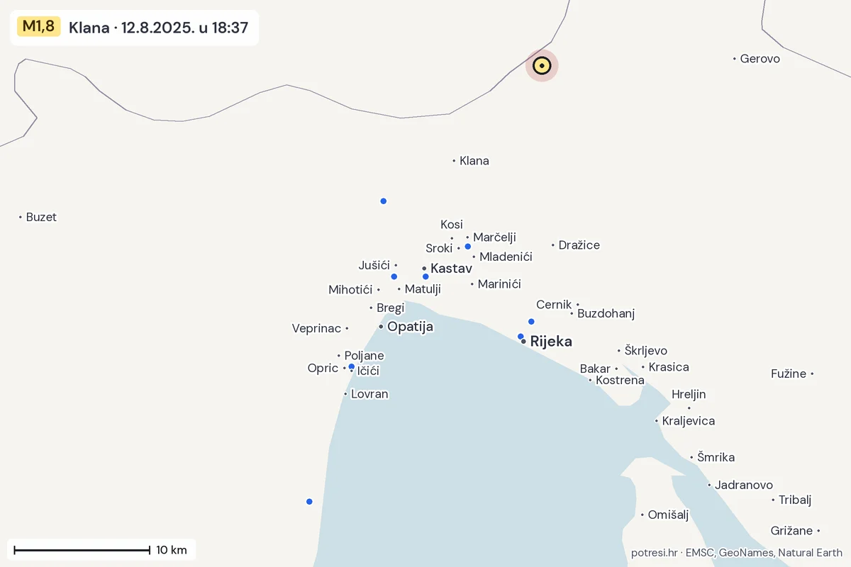 Karta: izvješća građana, potres M1,8, Klana, 12.8.2025.