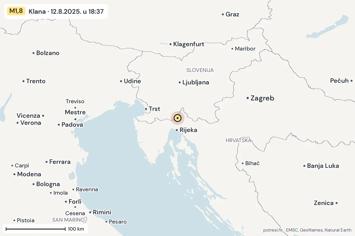 Karta: šire područje, 600 km, potres M1,8, Klana, 12.8.2025.
