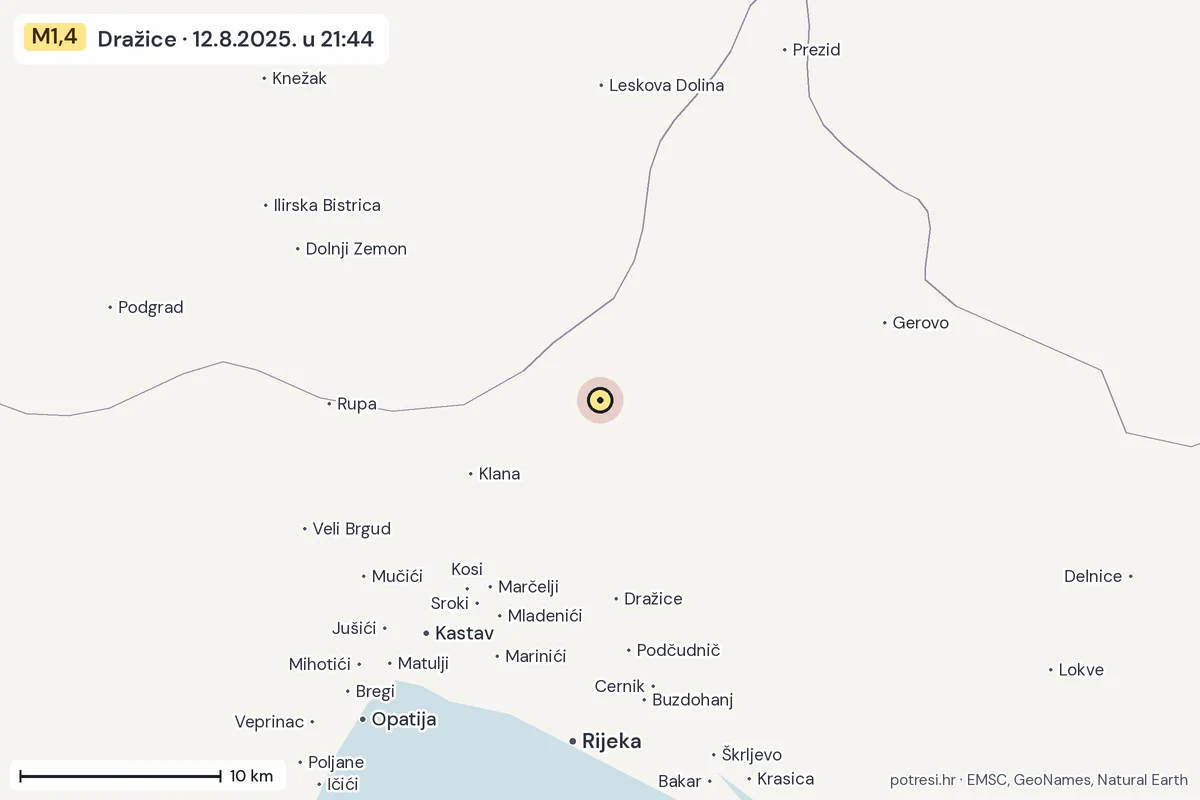 Karta: okolica epicentra, 60 km, potres M1,4, Dražice, 12.8.2025.