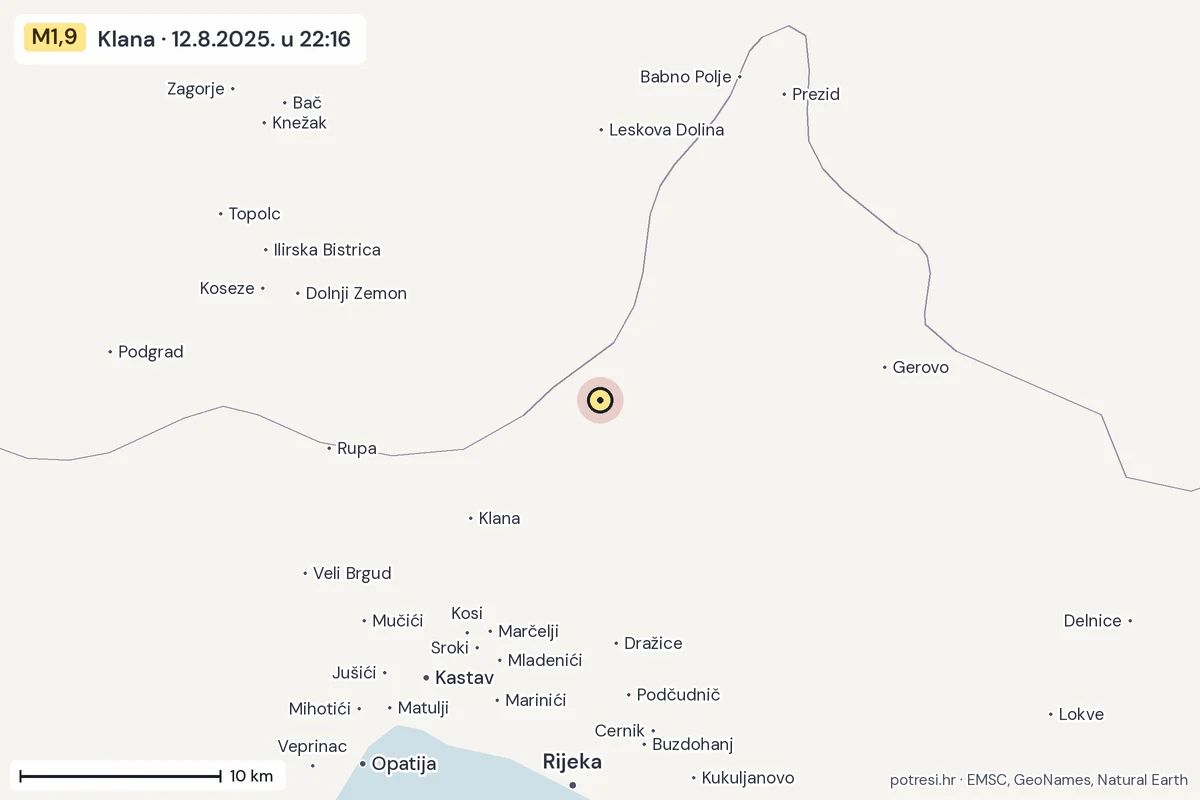 Karta: okolica epicentra, 60 km, potres M1,9, Klana, 12.8.2025.