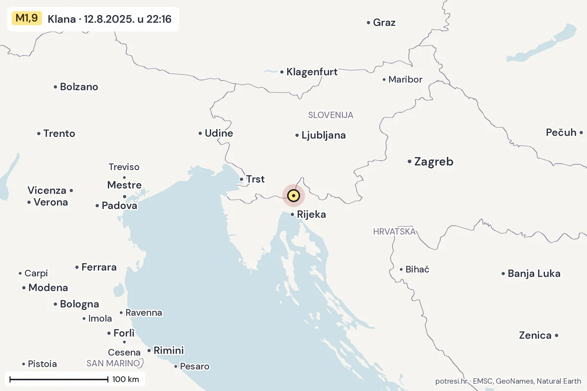 Karta: šire područje, 600 km, potres M1,9, Klana, 12.8.2025.