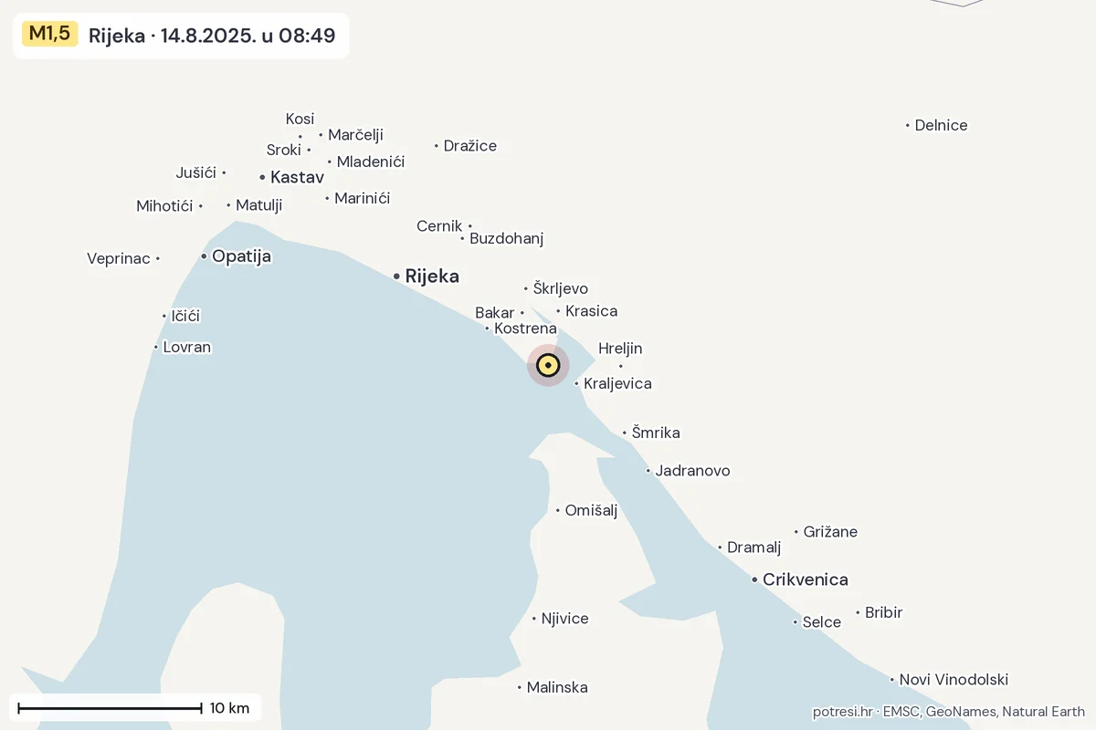 Karta: okolica epicentra, 60 km, potres M1,5, Rijeka, 14.8.2025.