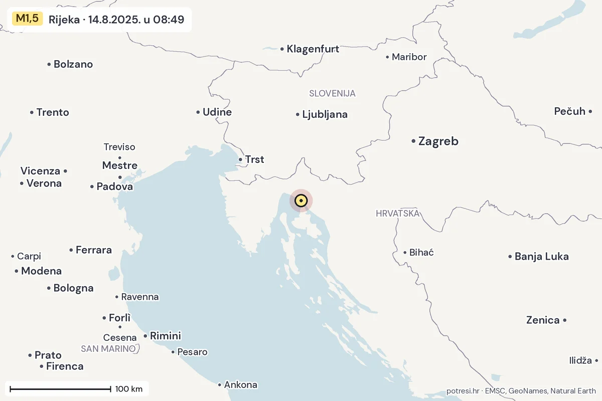 Karta: šire područje, 600 km, potres M1,5, Rijeka, 14.8.2025.