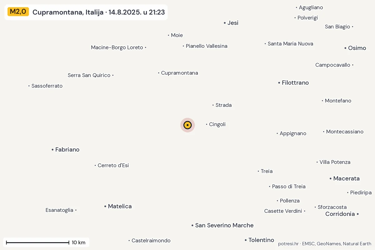 Karta: okolica epicentra, 60 km, potres M2,0, Cupramontana, Italija, 14.8.2025.