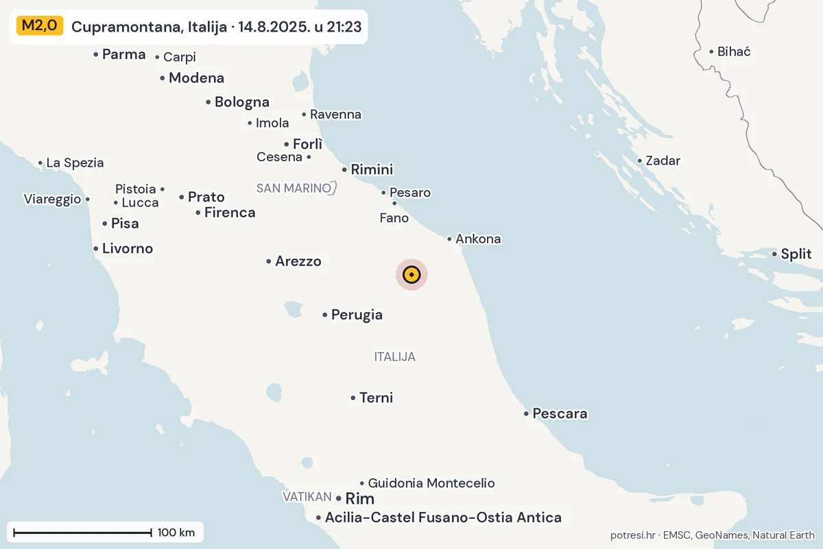 Karta: šire područje, 600 km, potres M2,0, Cupramontana, Italija, 14.8.2025.