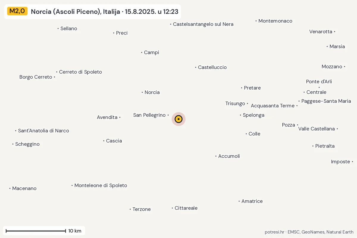 Karta: okolica epicentra, 60 km, potres M2,0, Norcia (Ascoli Piceno), Italija, 15.8.2025.