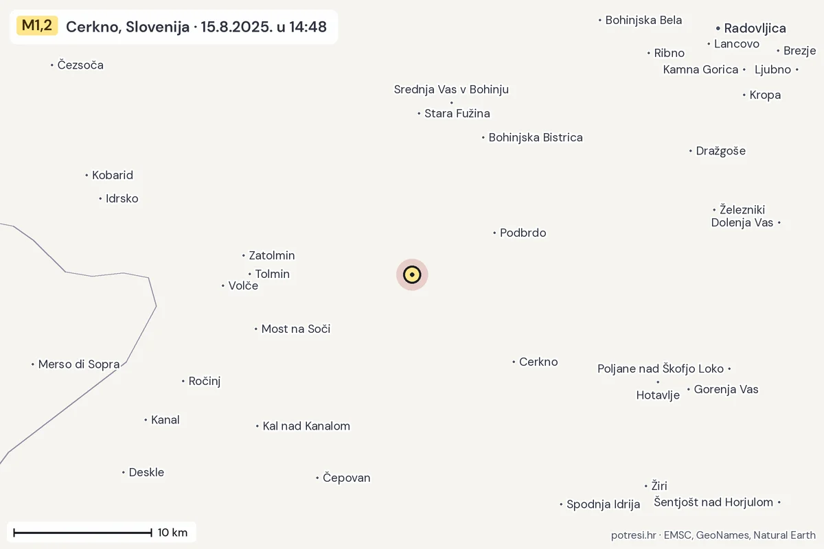 Karta: okolica epicentra, 60 km, potres M1,2, Cerkno, Slovenija, 15.8.2025.