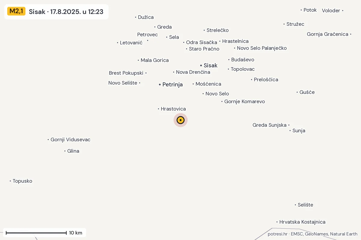 Karta: okolica epicentra, 60 km, potres M2,1, Sisak, 17.8.2025.