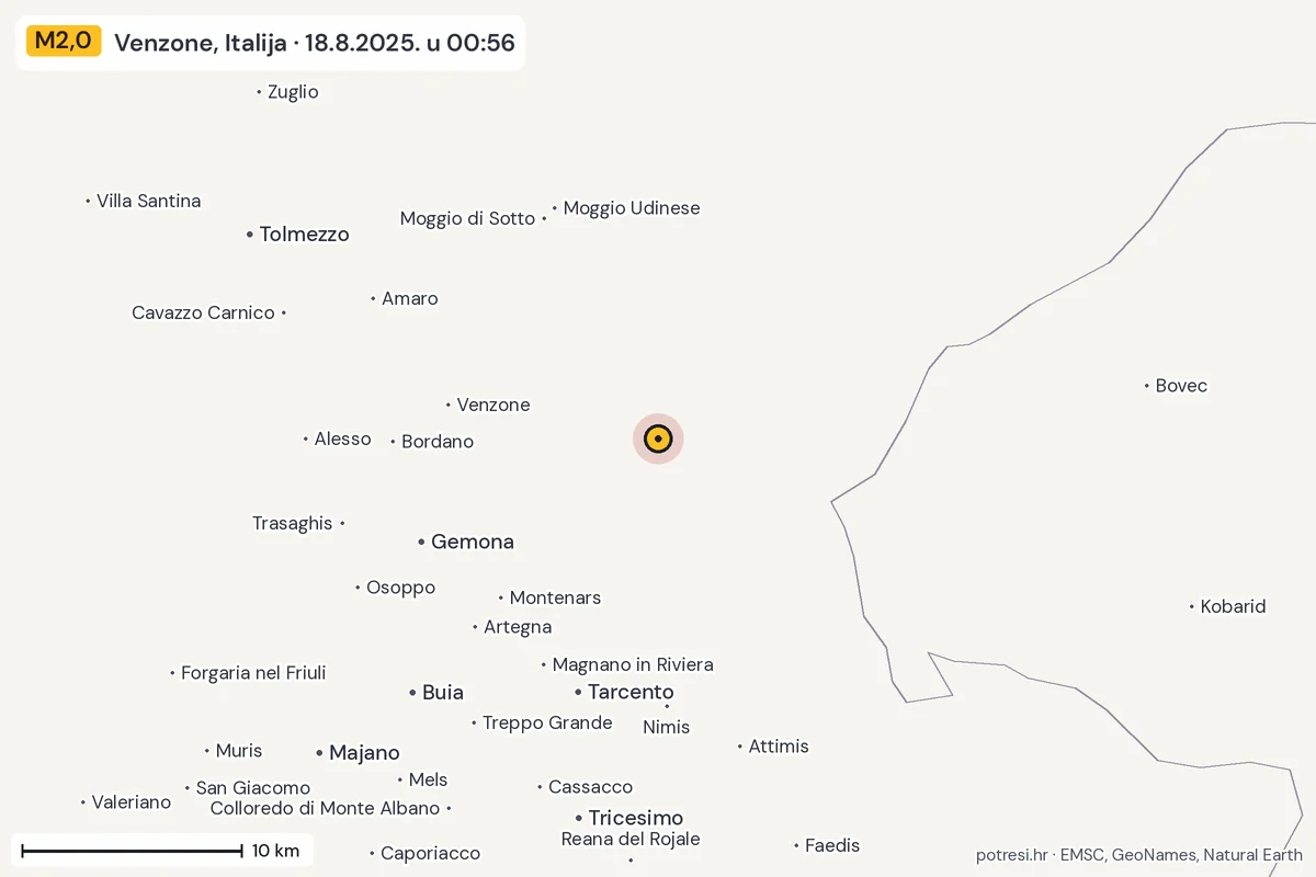 Karta: okolica epicentra, 60 km, potres M2,0, Venzone, Italija, 18.8.2025.