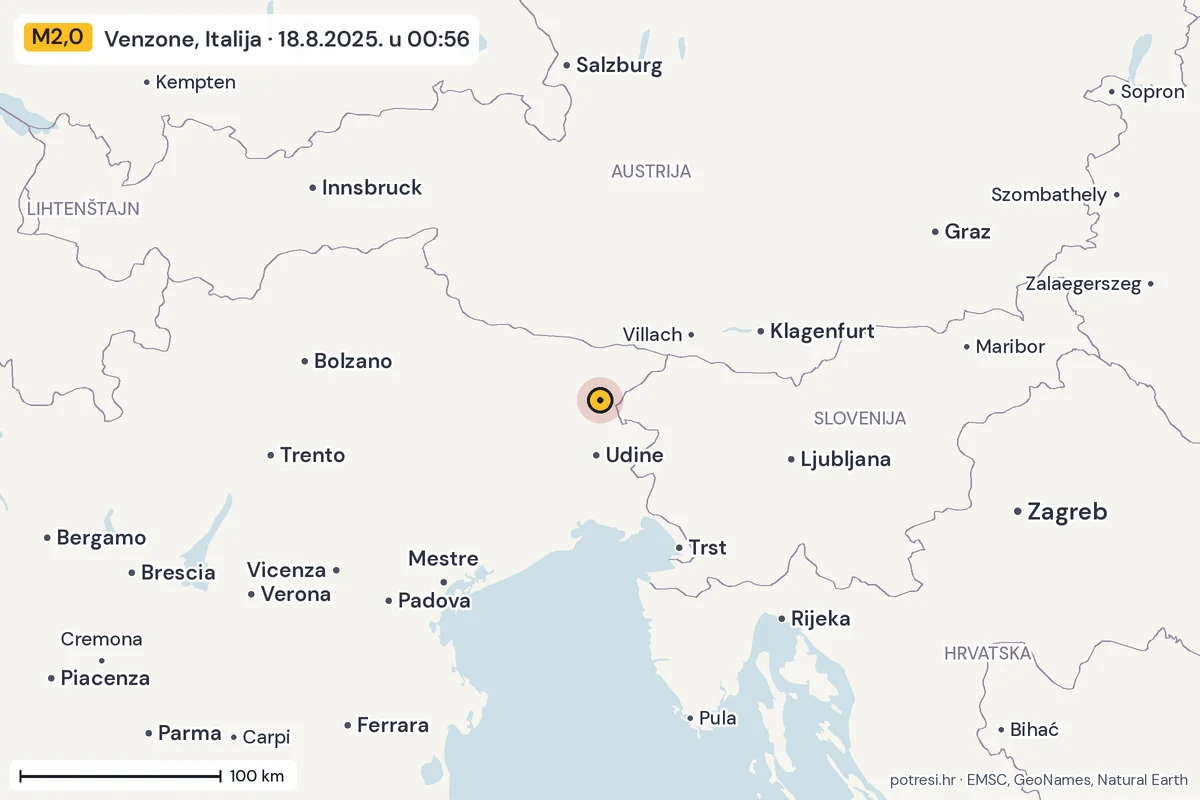 Karta: šire područje, 600 km, potres M2,0, Venzone, Italija, 18.8.2025.