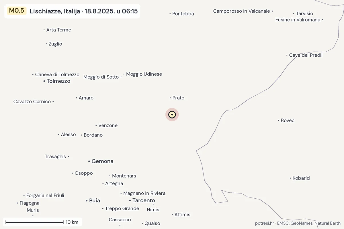 Karta: okolica epicentra, 60 km, potres M0,5, Lischiazze, Italija, 18.8.2025.
