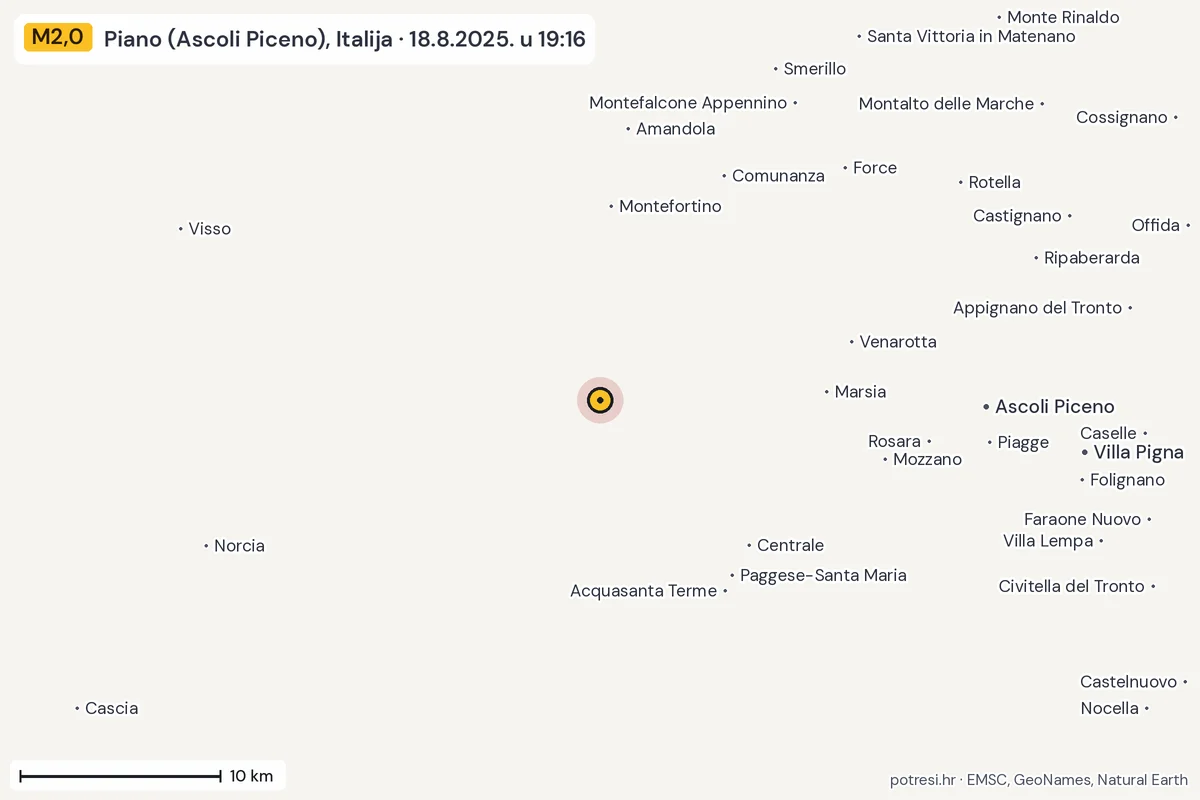 Karta: okolica epicentra, 60 km, potres M2,0, Piano (Ascoli Piceno), Italija, 18.8.2025.