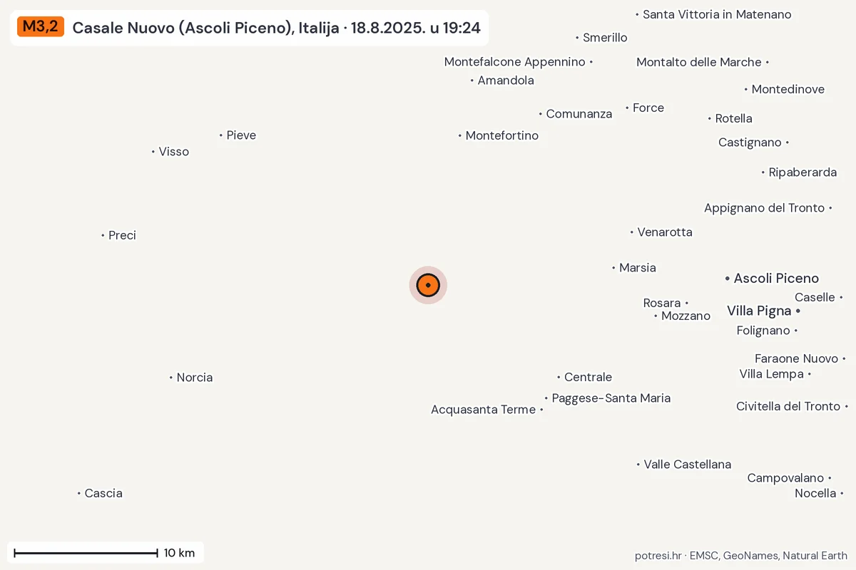 Karta: okolica epicentra, 60 km, potres M3,2, Casale Nuovo (Ascoli Piceno), Italija, 18.8.2025.
