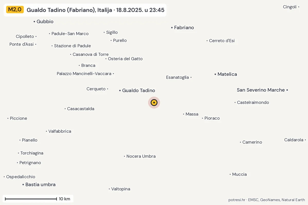 Karta: okolica epicentra, 60 km, potres M2,0, Gualdo Tadino (Fabriano), Italija, 18.8.2025.