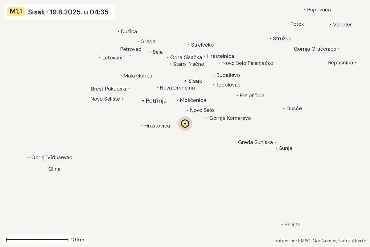 Karta: okolica epicentra, 60 km, potres M1,1, Sisak, 19.8.2025.