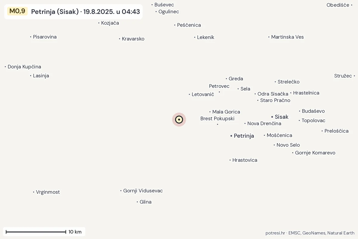 Karta: okolica epicentra, 60 km, potres M0,9, Petrinja (Sisak), 19.8.2025.