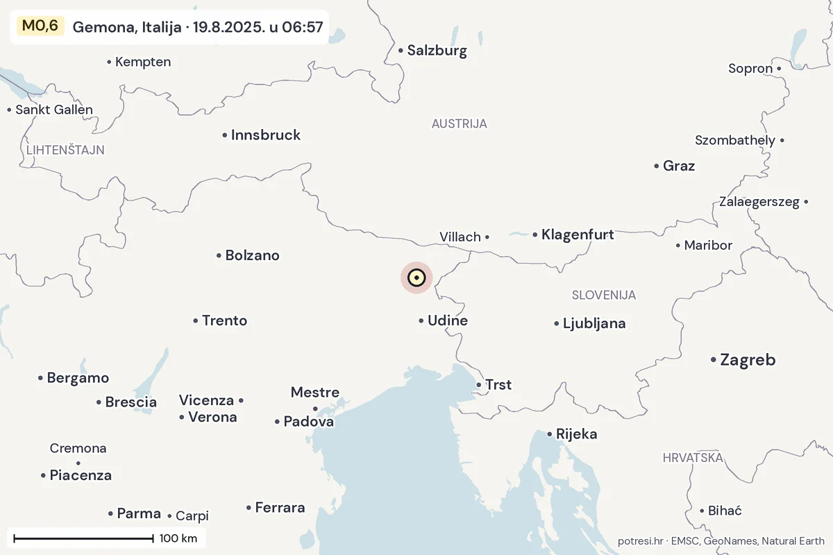 Karta: šire područje, 600 km, potres M0,6, Gemona, Italija, 19.8.2025.