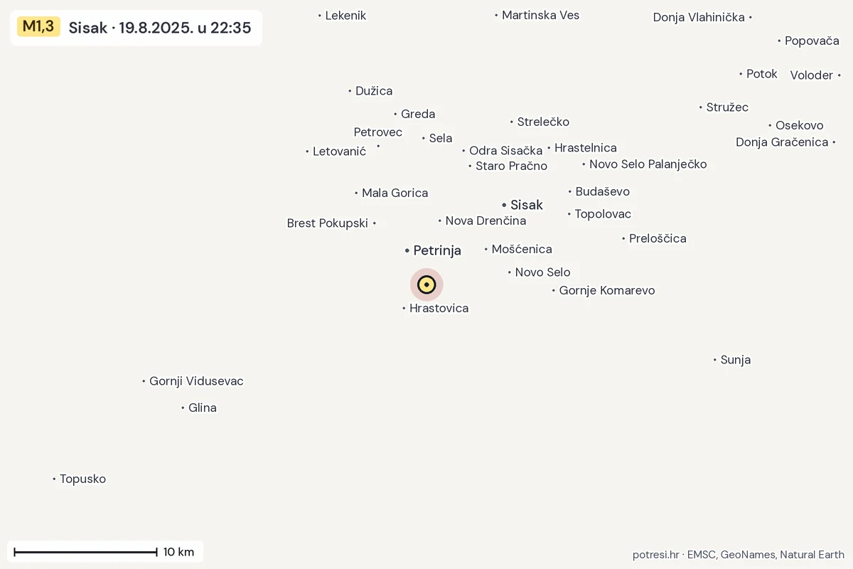 Karta: okolica epicentra, 60 km, potres M1,3, Sisak, 19.8.2025.