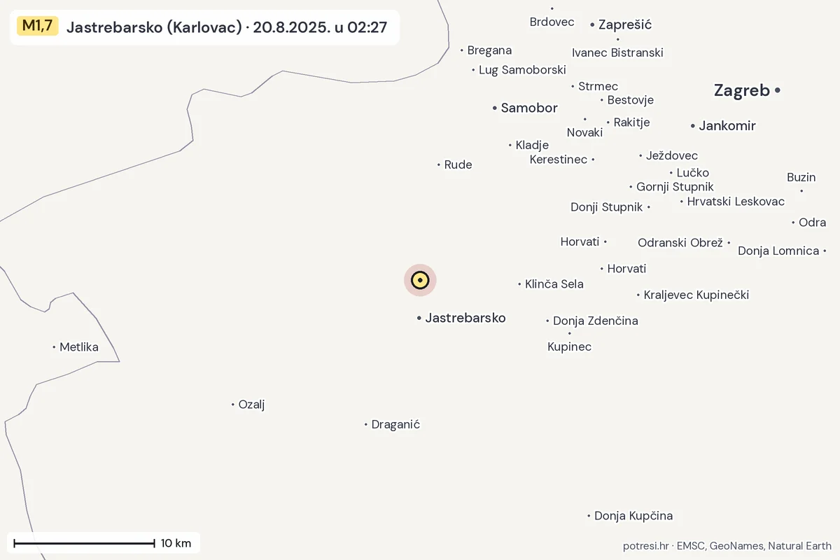 Karta: okolica epicentra, 60 km, potres M1,7, Jastrebarsko (Karlovac), 20.8.2025.